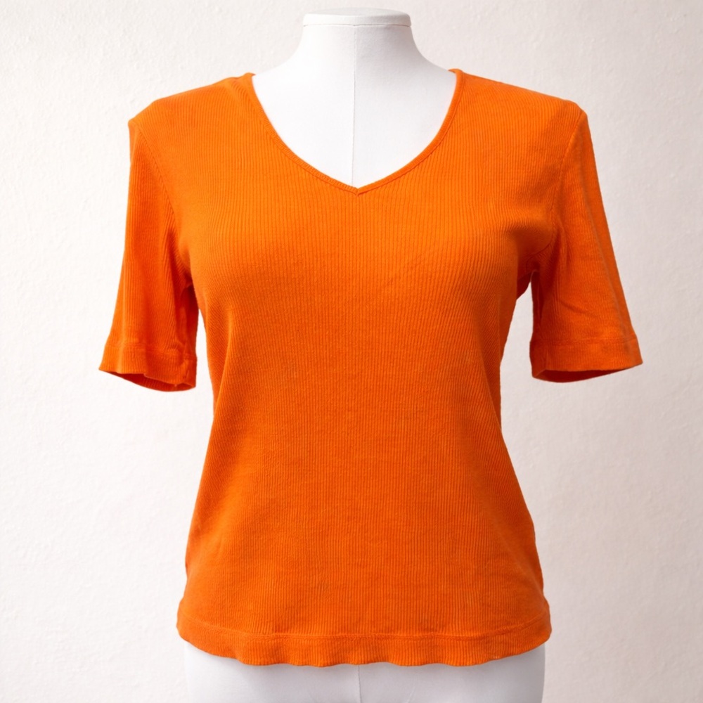Lauren Ralph Lauren Orange Ribbed Knit V-Neck Top Size Small Classic Preppy